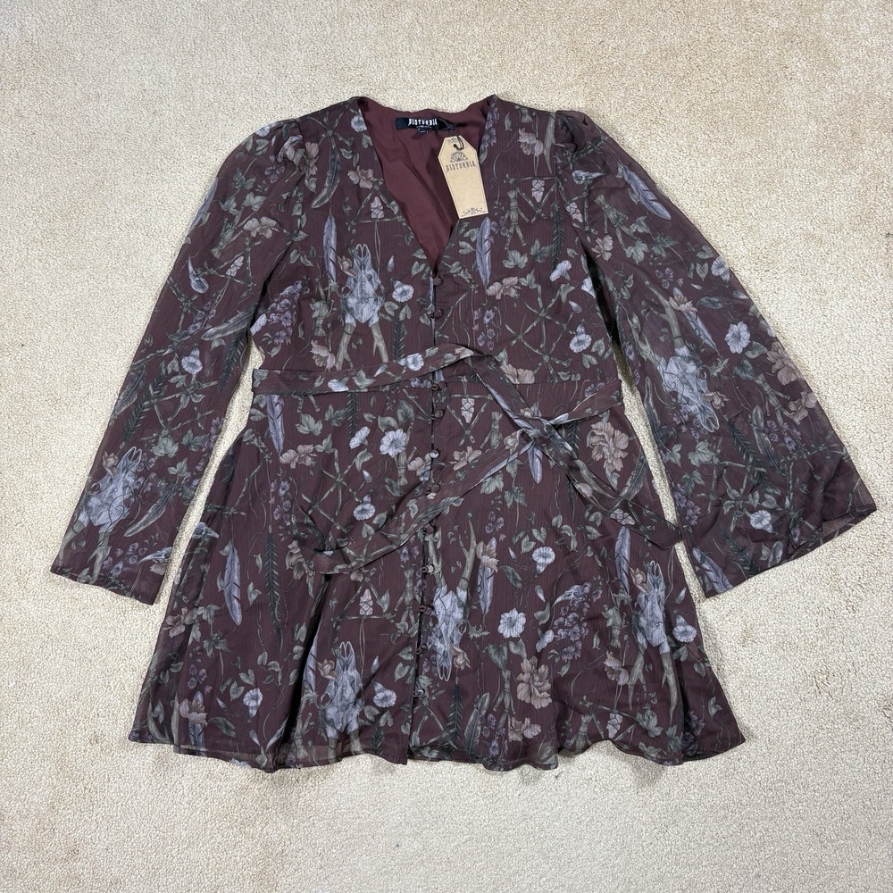 NWT Disturbia Women's Dusha Garden Print Button Up Chiffon Mini Dress Tie 14 - Picture 4 of 9